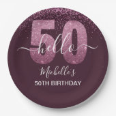 Hello 50! -50th Women's Birthday with Pink glitter Pappteller (Vorderseite)