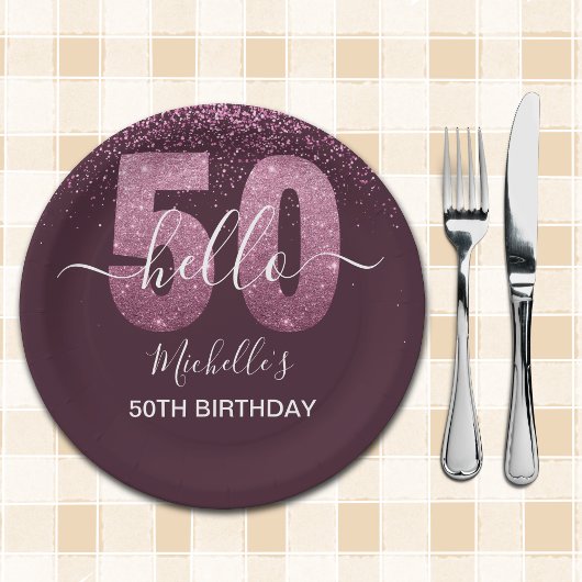 Hello 50! -50th Women's Birthday with Pink glitter Pappteller