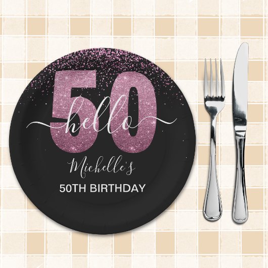 Hello 50! -50th Women's Birthday with Pink glitter Pappteller