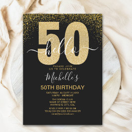 Hello 50! modern 50th birthday with gold glitter einladung
