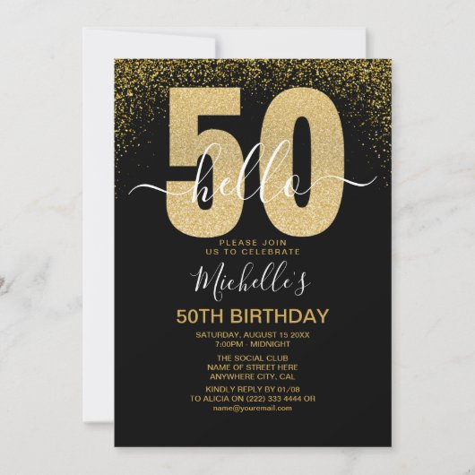 Hello 50! modern 50th birthday with gold glitter einladung (Vorderseite)