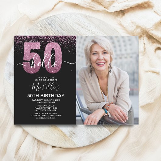 Hello 50! - Modern 50TH Birthday with photo Einladung