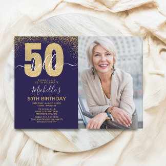 Hello 50! - Modern 50TH Birthday with photo Einladung