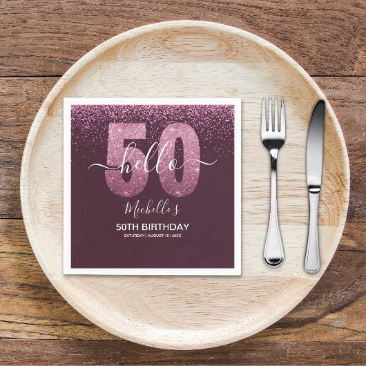 Hello 50! - Modern 50th Birthday with Pink glitter Serviette