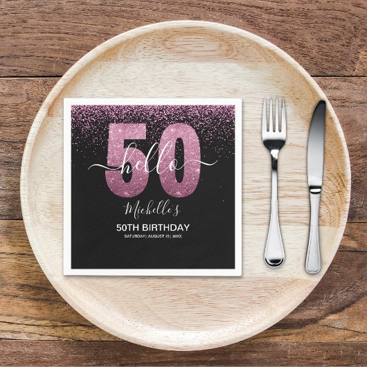 Hello 50! - Modern 50th Birthday with Pink glitter Serviette