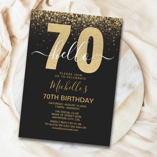Hello 70! modern 70th birthday with gold glitter einladung