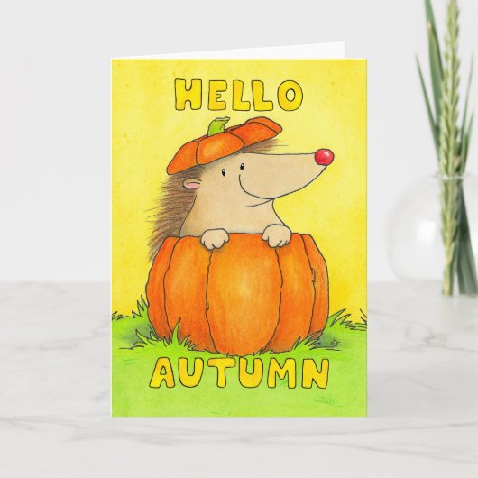 Hello Autumn Hedgehog in Pumpkin Greeting Karte (Vorderseite)
