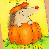 Hello Autumn Hedgehog in Pumpkin Greeting Karte