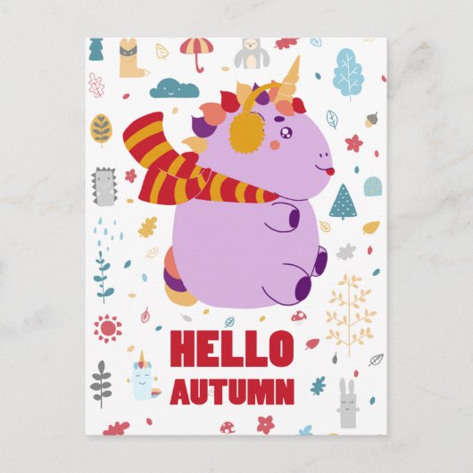 Hello Autumn Lila Unicorn Postkarte (Vorderseite)
