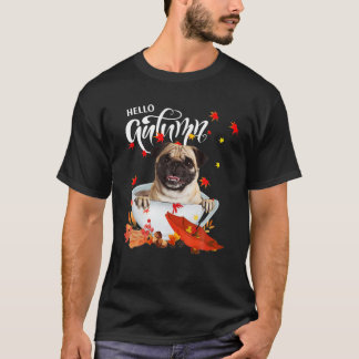 Hello Autumn Pug Dog And Coffee Dog Fall Leaves Th T-Shirt
