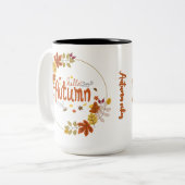 Hello Autumn with Leaf Design Zweifarbige Tasse (Vorderseite Links)