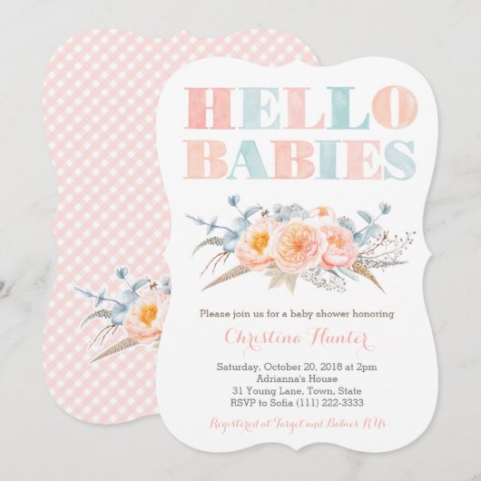 HELLO BABIES Peach Twins Baby Dusche oder Sip Sieh Einladung (Vorne/Hinten)