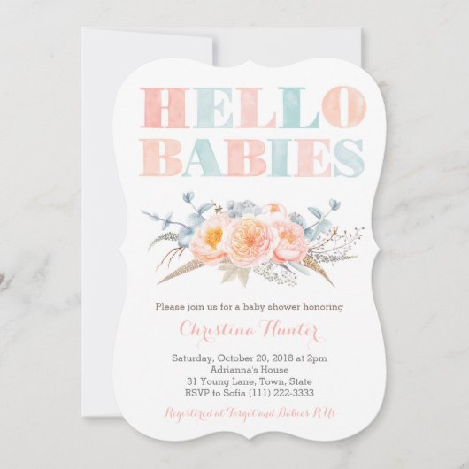 HELLO BABIES Peach Twins Baby Dusche oder Sip Sieh Einladung (Vorderseite)