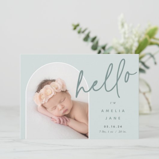 Hello Baby | Ankündigung von Foto zur Geburt (Stehend Vorderseite)