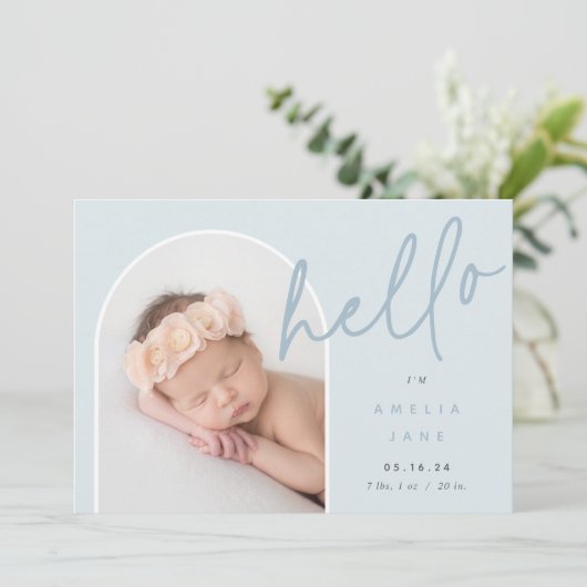 Hello Baby | Ankündigung von Foto zur Geburt (Stehend Vorderseite)