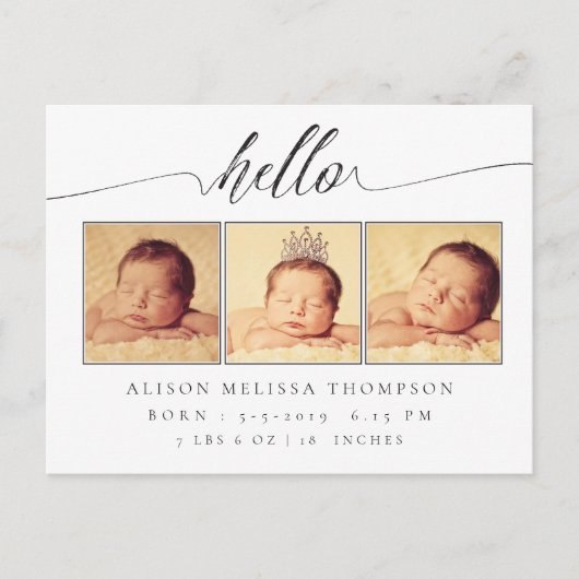 Hello Baby Birth Ankündigung 3 Foto Postcard (Vorderseite)