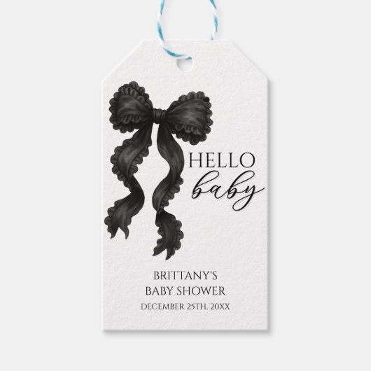 Hello Baby Black Bow Baby Dusche Modern Geschenkanhänger (Vorderseite)
