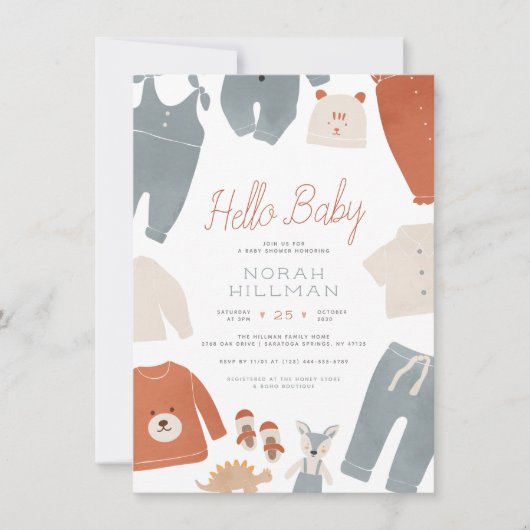 Hello Baby | Blue Boho Clothes Boy Baby Shooter Einladung (Vorderseite)