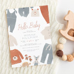 Hello Baby | Blue Boho Clothes Boy Baby Shooter Einladung<br><div class="desc">Eine niedliche, moderne Babydusche mit "Hello Baby" in Terracotta-Schriftzeichen und Ihren Duschdetails in einfacher Typografie. Das Design ist in einem neutralen pastellblauen, cremefarbenen und rostorangefarbenen Stil gestaltet. Die Kleidung umfasst Overalls, eine Rampe, Hose, eine Mütze, Babyschuhe, ein Shirt und einen Pullover. Es gibt auch einen kleinen Holzdinosaurier und ein Fuchsspielzeug....</div>