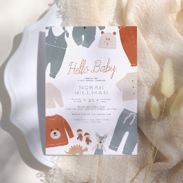 Hello Baby | Blue Boho Clothes Boy Baby Shooter Einladung