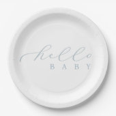 Hello Baby Blue Script Minimalistisch Baby Dusche Pappteller (Vorderseite)