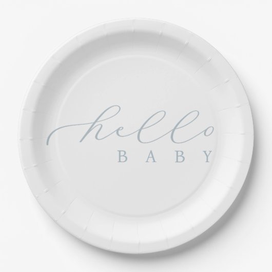Hello Baby Blue Script Minimalistisch Baby Dusche Pappteller (Vorderseite)
