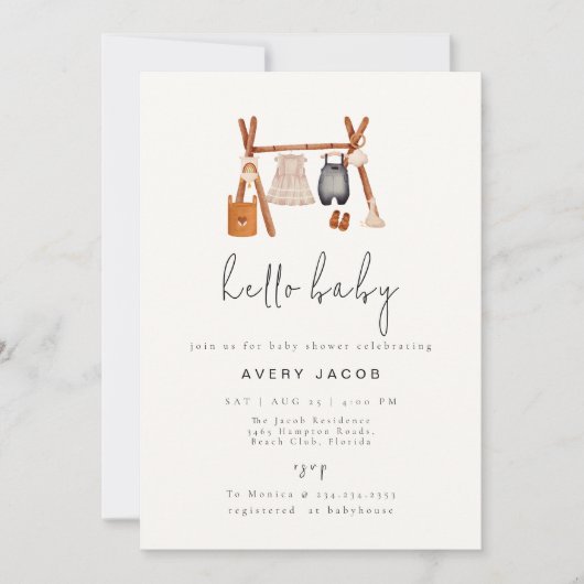 Hello Baby | Boho Clothes Kinderdusche Einladung (Vorderseite)