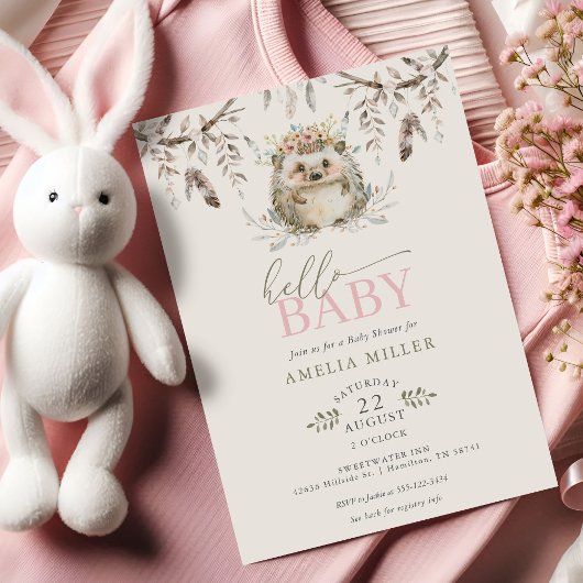 Hello Baby Boho Hedgehog Girl Baby Shower Einladung