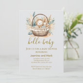 Hello Baby Boho Neutral Bear Basket Einladung (Stehend Vorderseite)