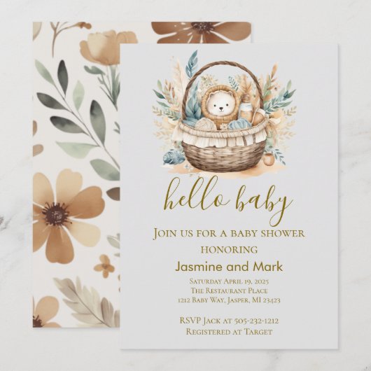 Hello Baby Boho Neutral Bear Basket Einladung (Vorne/Hinten)