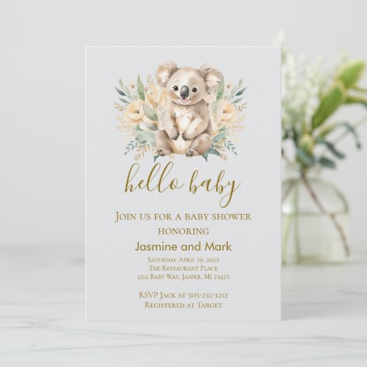 Hello Baby Boho Neutral Koala Bear Einladung (Stehend Vorderseite)