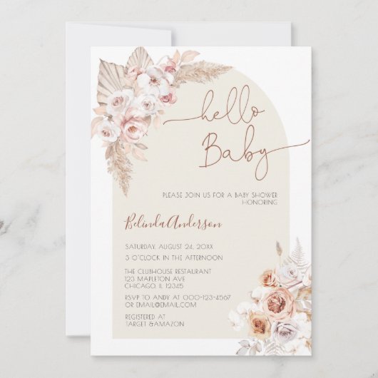 Hello Baby Boho Pampas Grass Baby Shower Einladung (Vorderseite)