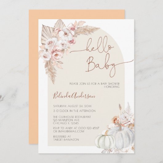 Hello Baby Boho Pampas Grass Pumpkin Baby Shower Einladung (Vorne/Hinten)
