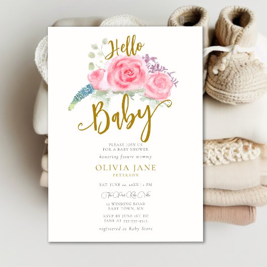 Hello Baby Boho Rose Wreath Neutral Baby Shower Einladung