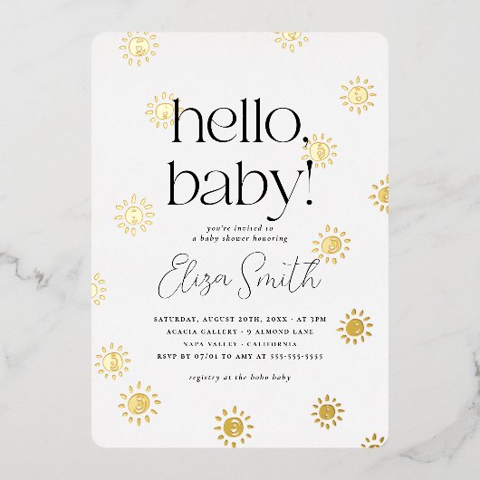 Hello Baby Boho Sunshine Baby Shower Folieneinladung (Vorderseite)