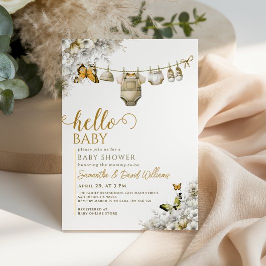 Hello Baby Botanical Clothes Neutral Baby Shower Einladung