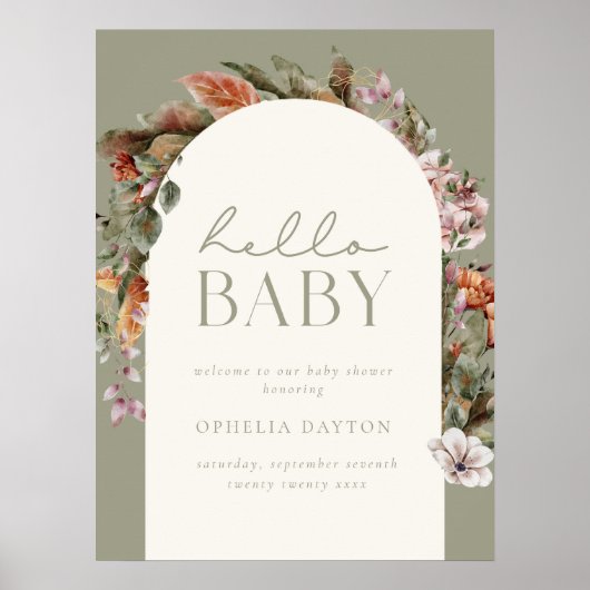 HELLO BABY | Botanischer Boho Sage Willkommen Poster (Vorne)
