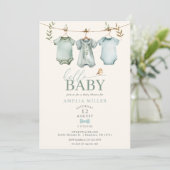 Hello Baby Boy Clothesline Boho Baby Shower Einladung (Stehend Vorderseite)