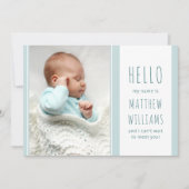 Hello Baby Boy Foto Blue and White Birth Ankündigung (Vorderseite)