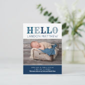 Hello Baby Boy Foto Geburtsankündigung Postkarte (Stehend Vorderseite)