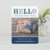 Hello Baby Boy Foto Geburtserklärung Ankündigung (Stehend Vorderseite)