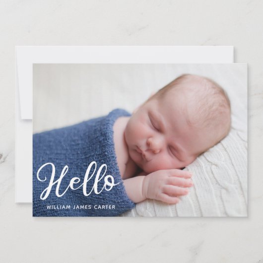 Hello Baby Boy Foto Simple Script Blue Birth Ankündigung (Vorderseite)