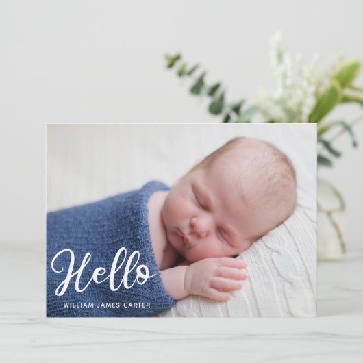 Hello Baby Boy Foto Simple Script Blue Birth Ankündigung (Stehend Vorderseite)