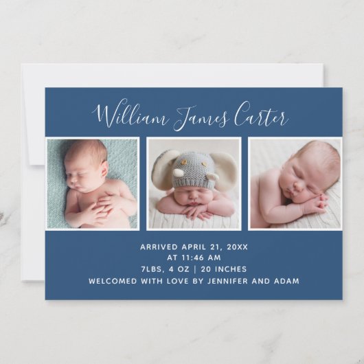 Hello Baby Boy Foto Simple Script Blue Birth Ankündigung (Rückseite)