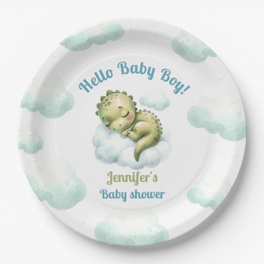 Hello Baby Boy Niedlich Dinosaur Blue Boy Baby Sho Pappteller (Vorderseite)