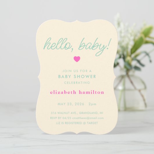 hello baby! Cream, Green Baby Shower Invitation Einladung (Stehend Vorderseite)