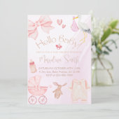 Hello Baby! Cute Bow Baby Shower Party Einladung (Stehend Vorderseite)