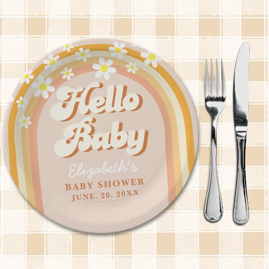 Hello Baby Cute Groovy Baby Shower Pappteller