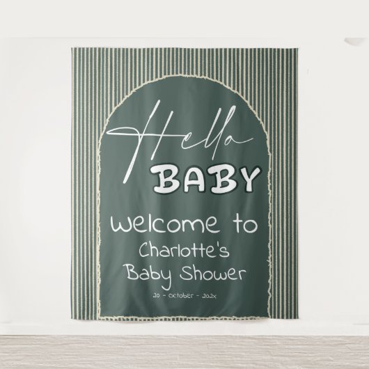 Hello Baby Dark Green Stripes Baby Shower Backdrop Wandteppich (Vorderseite)