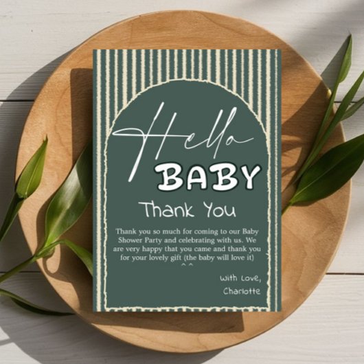 Hello Baby Dark Green Stripes Baby Shower Dankeskarte